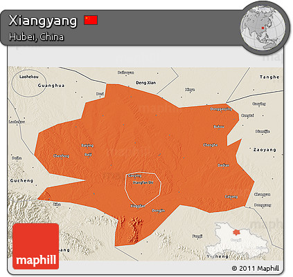 Political 3D Map of Xiangyang, shaded relief outside