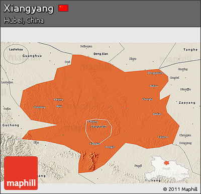 Political 3D Map of Xiangyang, shaded relief outside