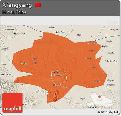 Political 3D Map of Xiangyang, shaded relief outside