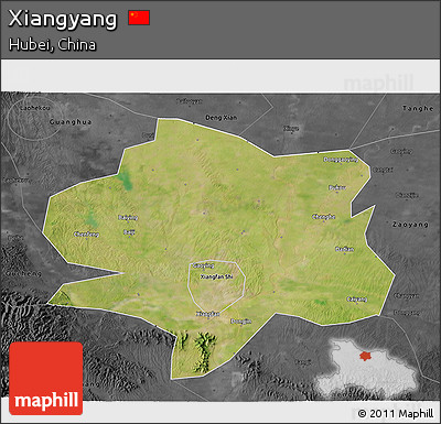 Satellite 3D Map of Xiangyang, darken, desaturated