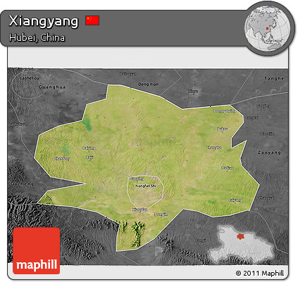 Satellite 3D Map of Xiangyang, darken, desaturated