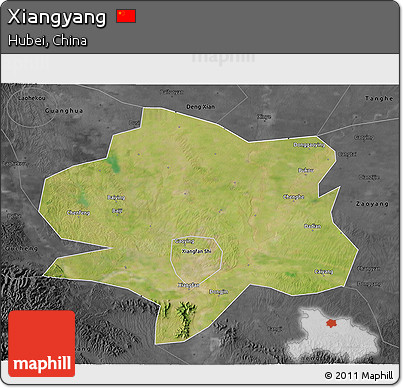 Satellite 3D Map of Xiangyang, darken, desaturated