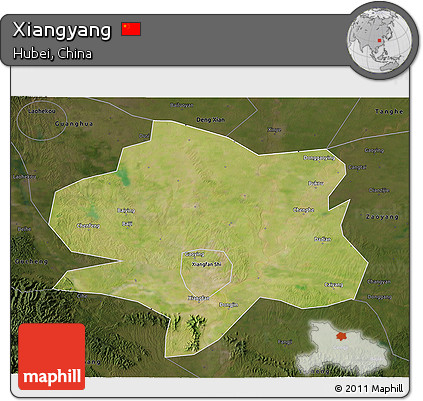 Satellite 3D Map of Xiangyang, darken