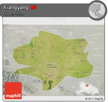 Satellite 3D Map of Xiangyang, lighten, semi-desaturated