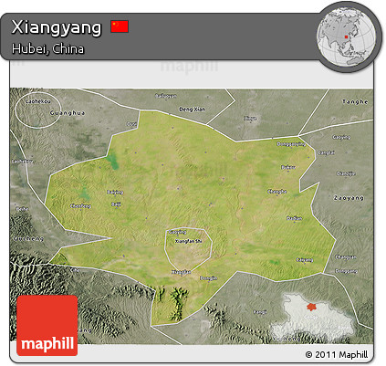 Satellite 3D Map of Xiangyang, semi-desaturated