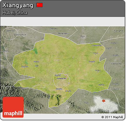 Satellite 3D Map of Xiangyang, semi-desaturated