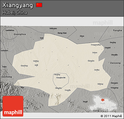 Shaded Relief 3D Map of Xiangyang, darken, semi-desaturated