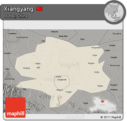 Shaded Relief 3D Map of Xiangyang, darken, semi-desaturated