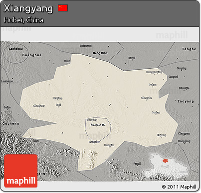 Shaded Relief 3D Map of Xiangyang, darken, semi-desaturated