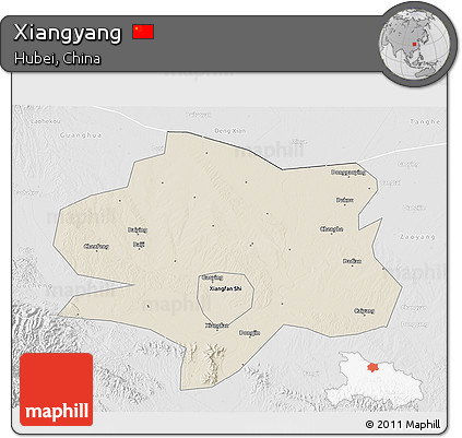 Shaded Relief 3D Map of Xiangyang, lighten, desaturated
