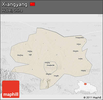 Shaded Relief 3D Map of Xiangyang, lighten, desaturated