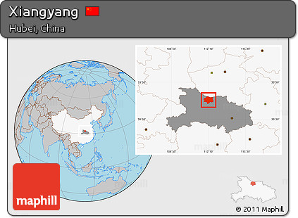 Gray Location Map of Xiangyang, highlighted country, highlighted parent region