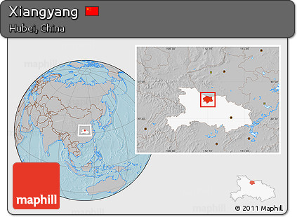 Gray Location Map of Xiangyang, highlighted parent region, hill shading