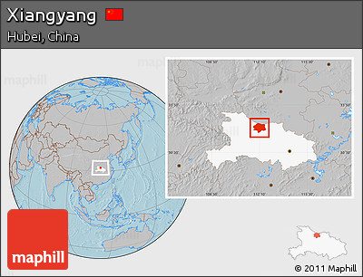 Gray Location Map of Xiangyang, highlighted parent region, hill shading