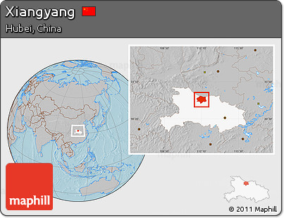Gray Location Map of Xiangyang, highlighted parent region, hill shading