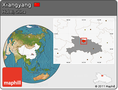 Satellite Location Map of Xiangyang, highlighted country, highlighted parent region