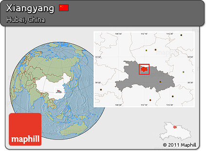 Savanna Style Location Map of Xiangyang, highlighted country, highlighted parent region, hill shading