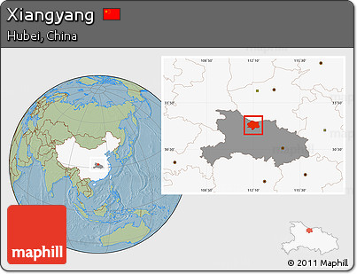 Savanna Style Location Map of Xiangyang, highlighted country, highlighted parent region, hill shading