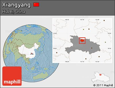 Savanna Style Location Map of Xiangyang, highlighted country, highlighted parent region, hill shading