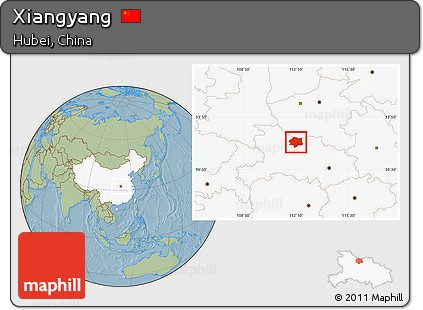 Savanna Style Location Map of Xiangyang, highlighted country, hill shading