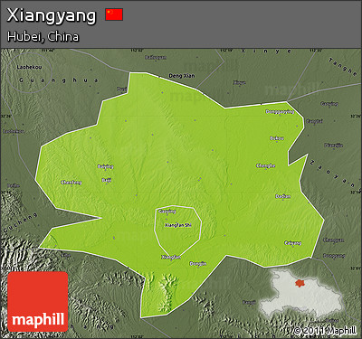 Physical Map of Xiangyang, darken, semi-desaturated