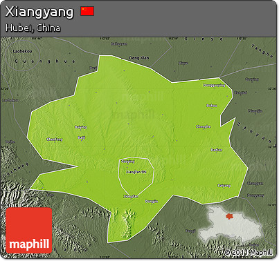 Physical Map of Xiangyang, darken, semi-desaturated