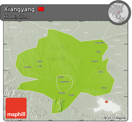 Physical Map of Xiangyang, lighten, semi-desaturated