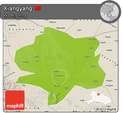Physical Map of Xiangyang, shaded relief outside