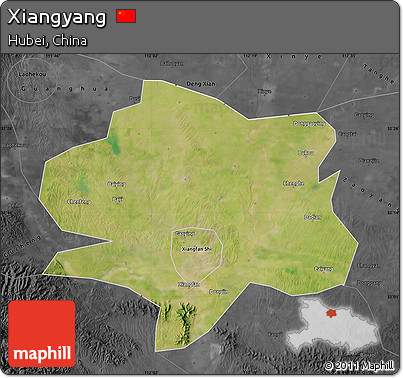 Satellite Map of Xiangyang, darken, desaturated