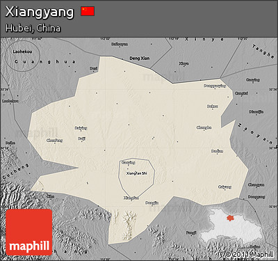 Shaded Relief Map of Xiangyang, darken, desaturated