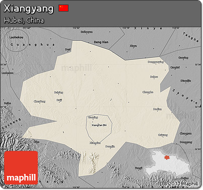 Shaded Relief Map of Xiangyang, darken, desaturated
