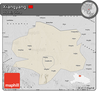 Shaded Relief Map of Xiangyang, desaturated