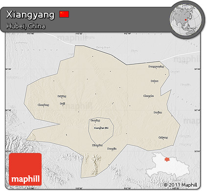 Shaded Relief Map of Xiangyang, lighten, desaturated