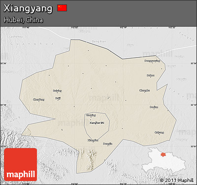 Shaded Relief Map of Xiangyang, lighten, desaturated