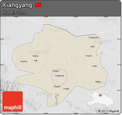 Shaded Relief Map of Xiangyang, lighten, desaturated