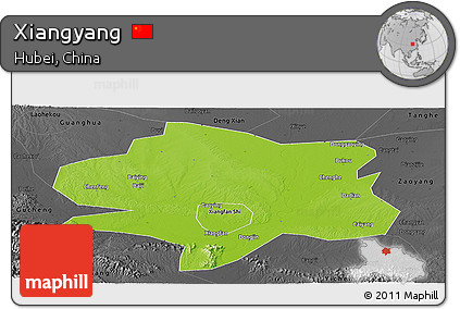 Physical Panoramic Map of Xiangyang, darken, desaturated