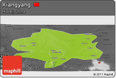 Physical Panoramic Map of Xiangyang, darken, desaturated