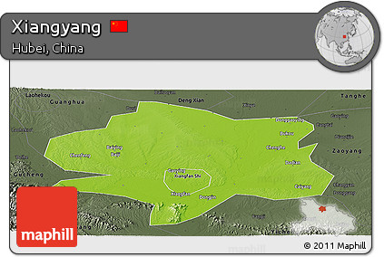 Physical Panoramic Map of Xiangyang, darken, semi-desaturated