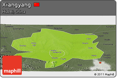 Physical Panoramic Map of Xiangyang, darken, semi-desaturated