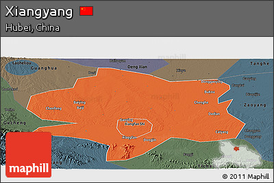Political Panoramic Map of Xiangyang, darken, semi-desaturated