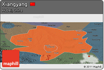 Political Panoramic Map of Xiangyang, darken, semi-desaturated