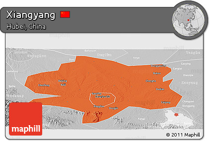 Political Panoramic Map of Xiangyang, lighten, desaturated