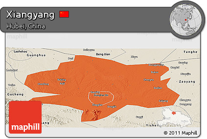 Political Panoramic Map of Xiangyang, shaded relief outside