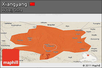 Political Panoramic Map of Xiangyang, shaded relief outside