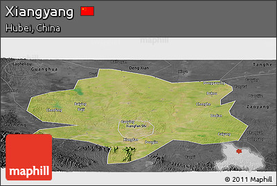 Satellite Panoramic Map of Xiangyang, darken, desaturated