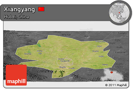 Satellite Panoramic Map of Xiangyang, darken, desaturated