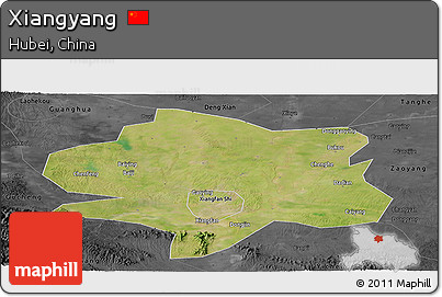 Satellite Panoramic Map of Xiangyang, darken, desaturated