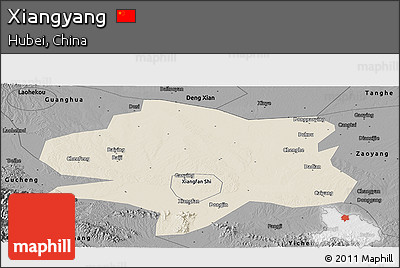 Shaded Relief Panoramic Map of Xiangyang, darken, desaturated