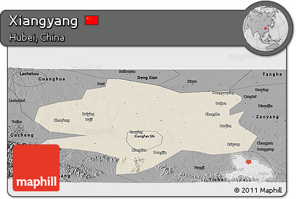 Shaded Relief Panoramic Map of Xiangyang, darken, desaturated