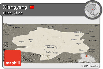 Shaded Relief Panoramic Map of Xiangyang, darken
